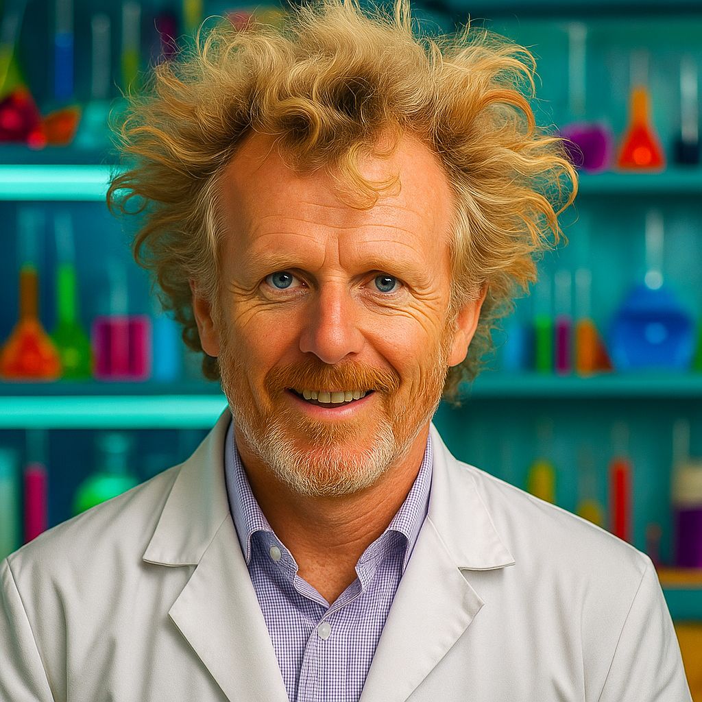 Dave Palfrey scientist in a lab coat with test tubes